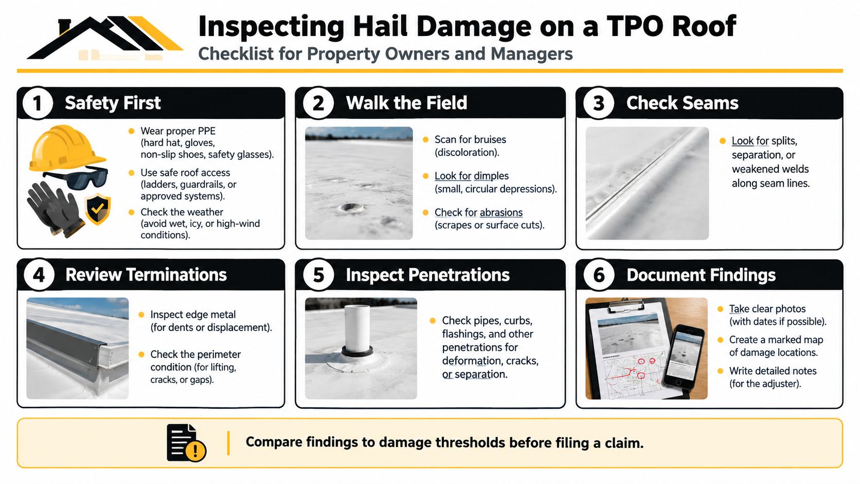A six-step infographic checklist for property owners on how to inspect hail damage on a TPO roof.