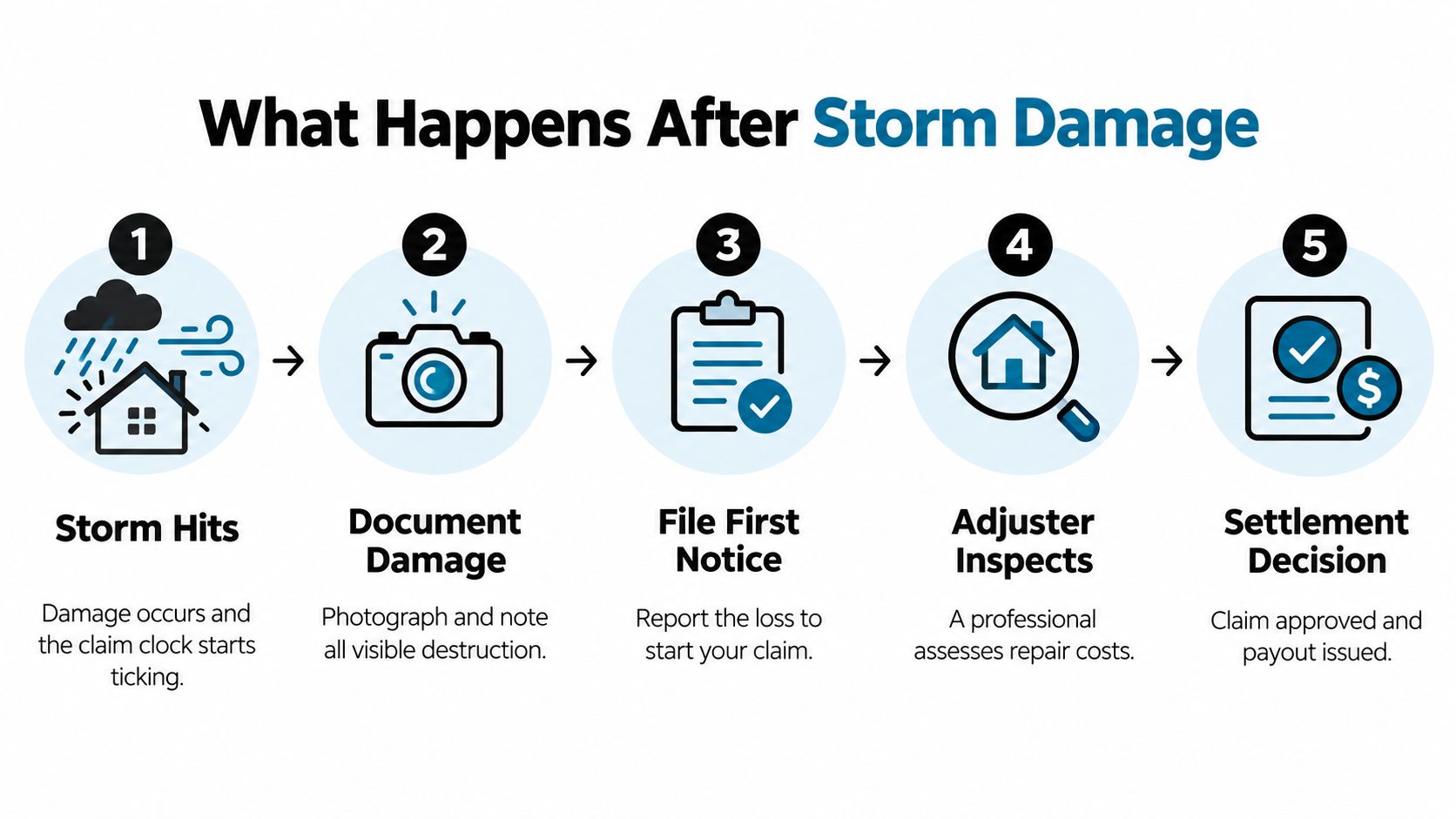 An infographic showing the five steps of the insurance claim process after storm damage occurs.