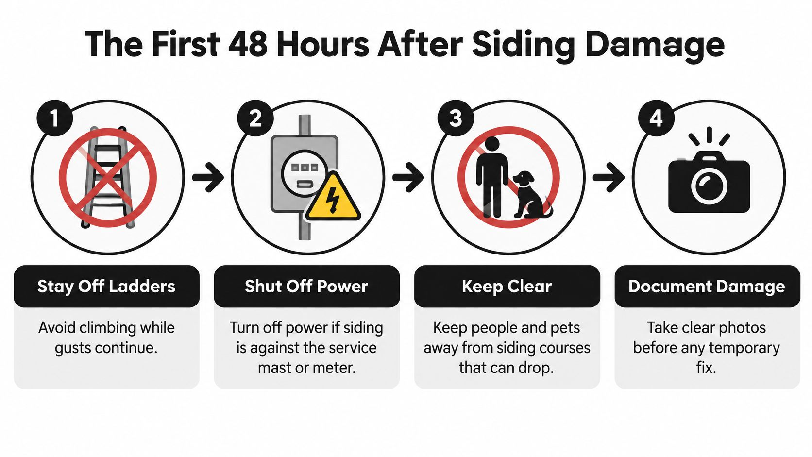 An infographic showing four safety steps to take in the first 48 hours after siding damage occurs.