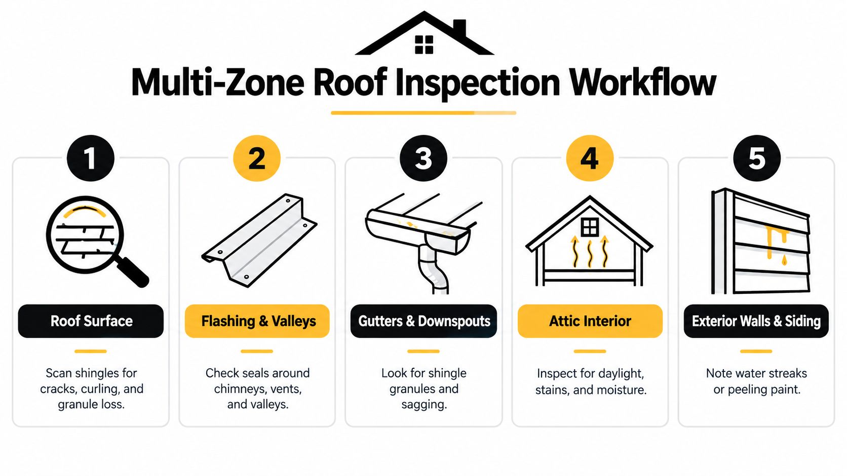A diagram outlining a five-step multi-zone roof inspection workflow for maintenance and damage assessment.