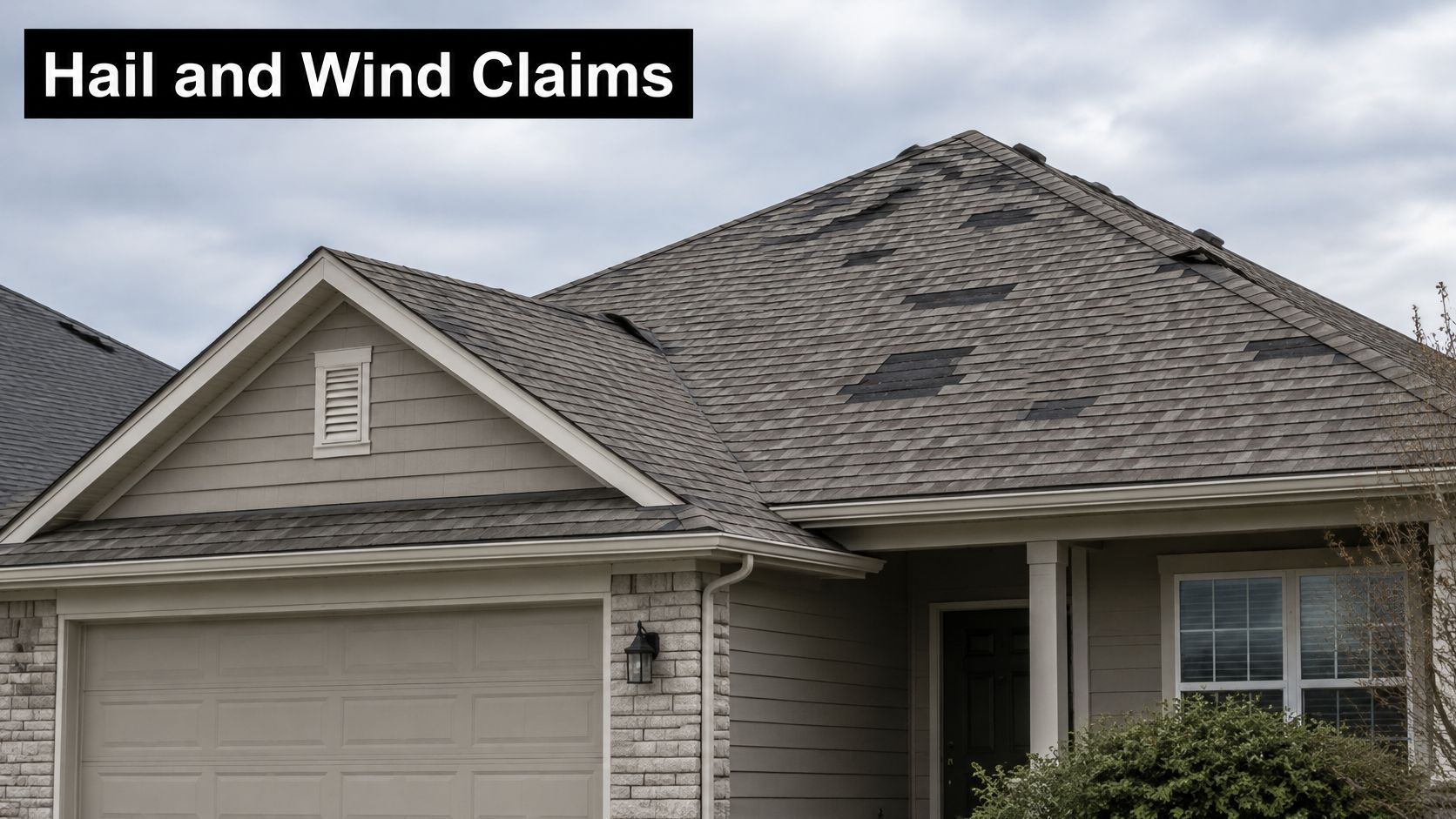 A house with missing shingles on the roof, highlighting potential insurance damage from hail and wind storms.