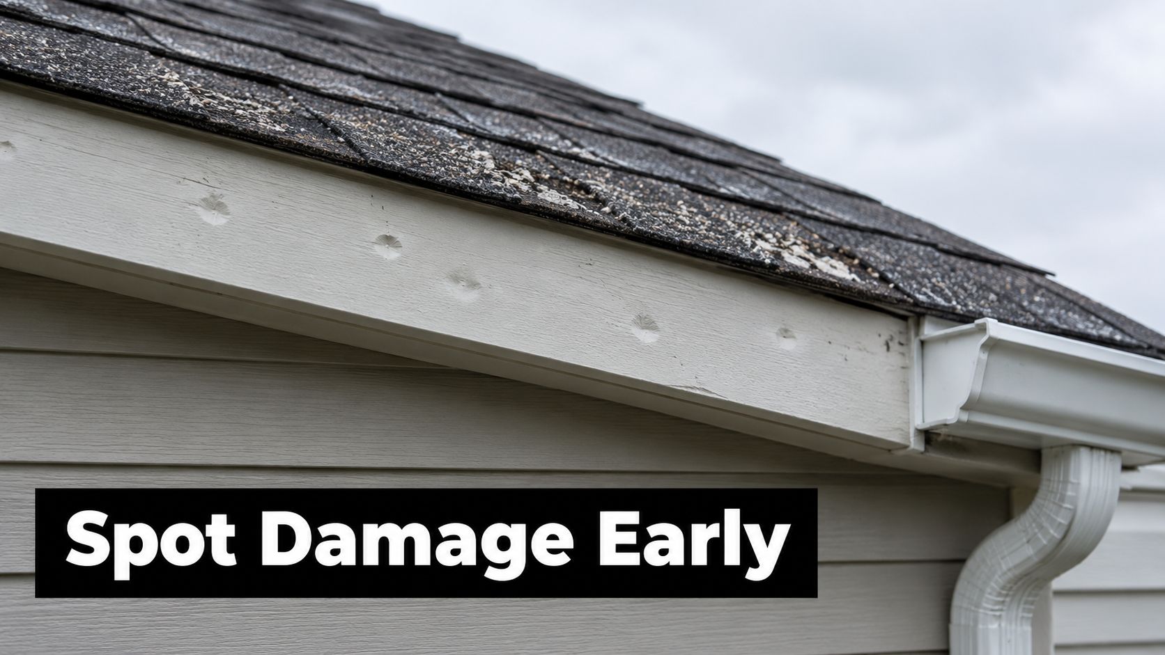 A close-up view of house roof fascia board showing visible impact damage from a recent hail storm.