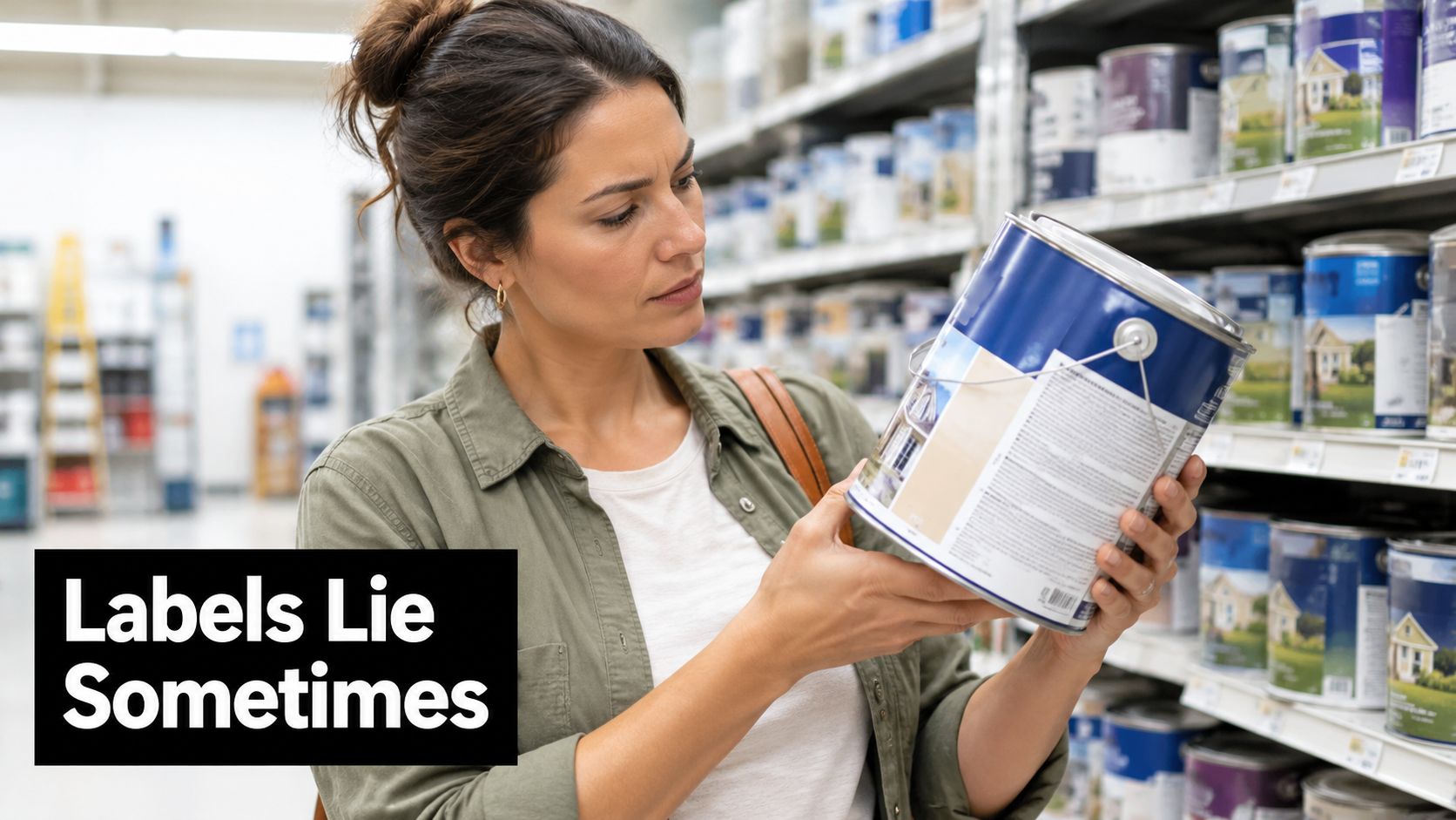 A woman carefully reading the label on a can of exterior paint in a hardware store.