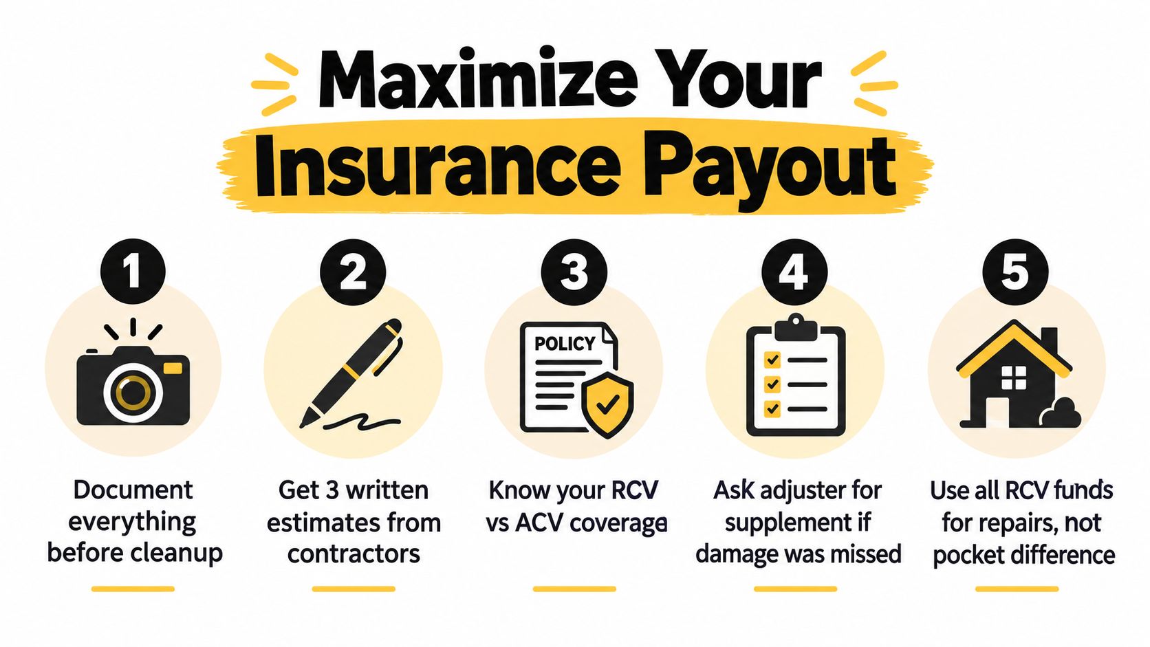 An infographic showing five essential steps to maximize your insurance payout after property damage occurs.