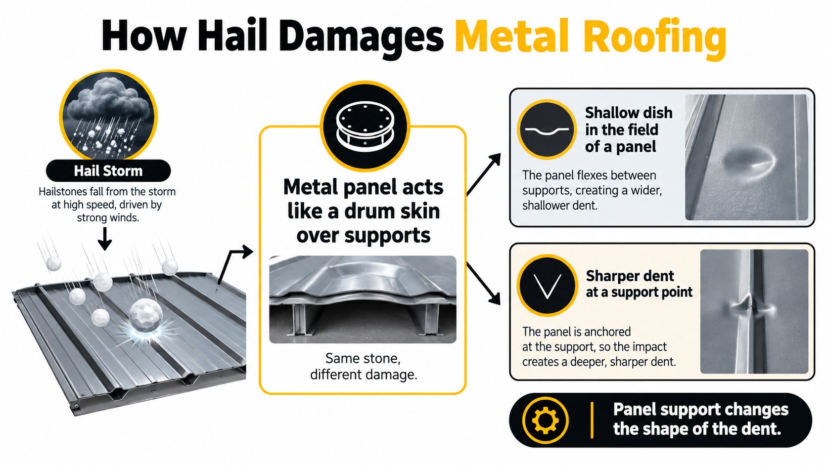 An infographic showing how hail impacts result in different types of damage on metal roofing panels.