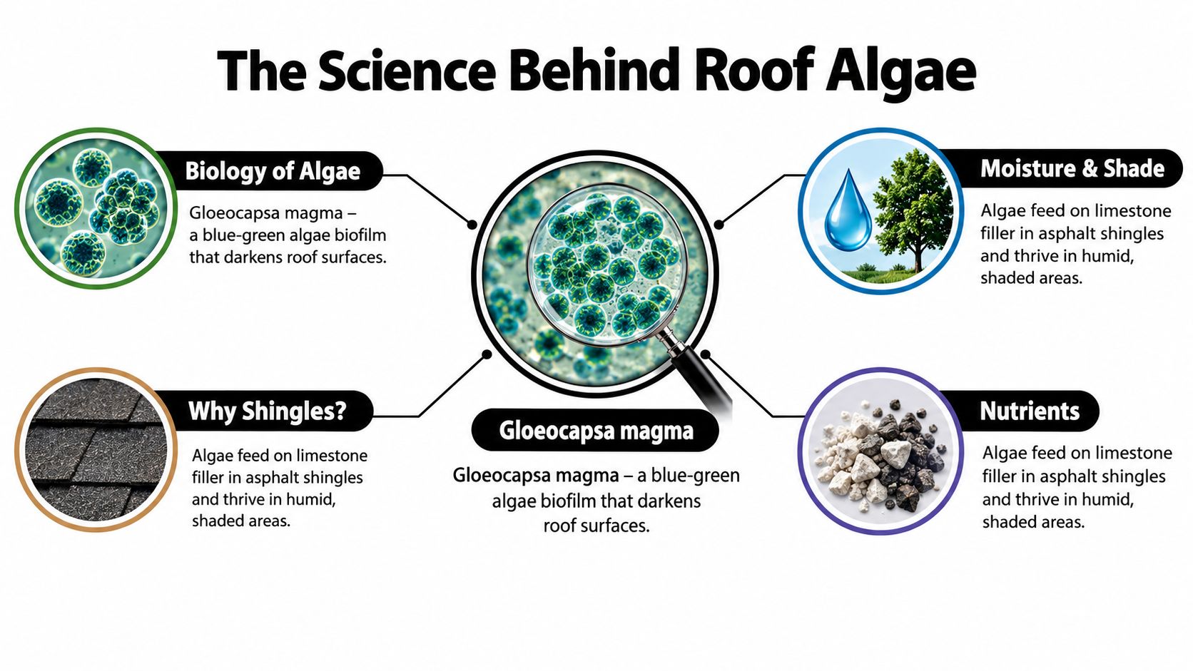 An infographic detailing the science behind roof algae, explaining how Gloeocapsa magma causes dark roof stains.