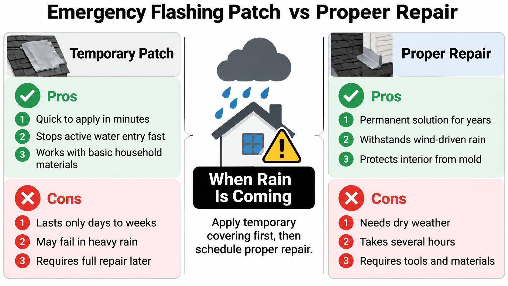 A comparison infographic showing the pros and cons of using a temporary flashing patch versus a proper roof repair.