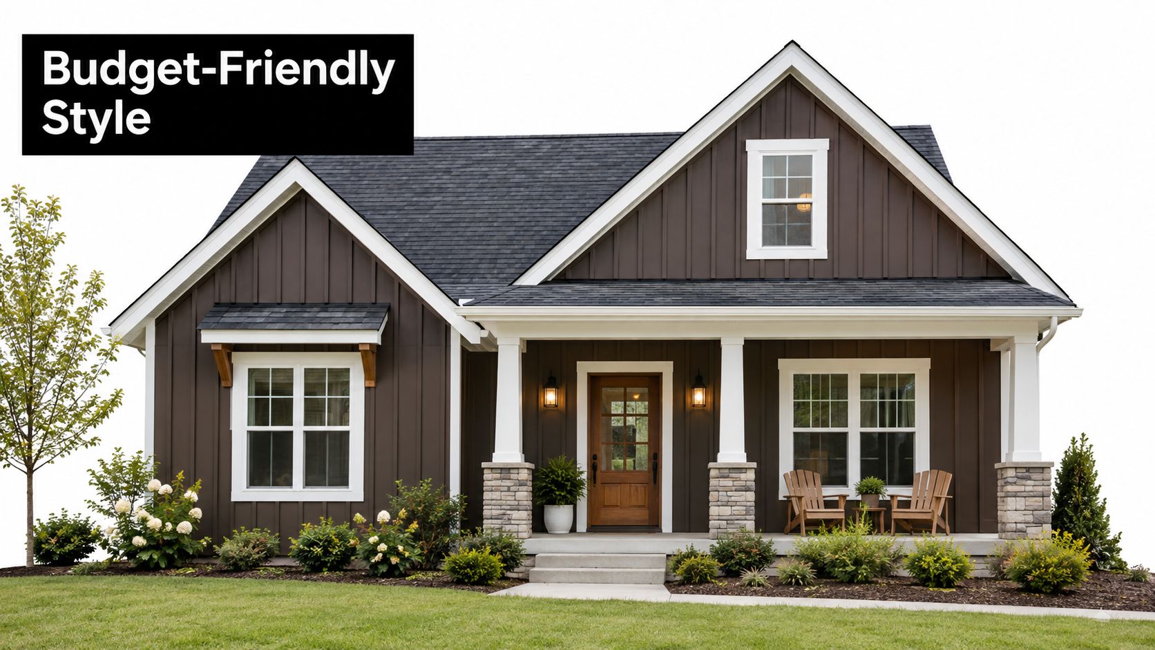 A modern one-story home with dark brown vertical siding and a welcoming front porch, set against white.