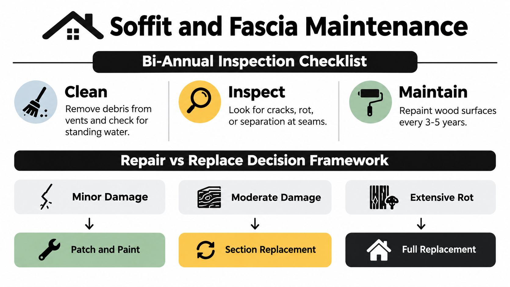 An infographic showing maintenance steps and a repair versus replace decision framework for roof soffit and fascia.