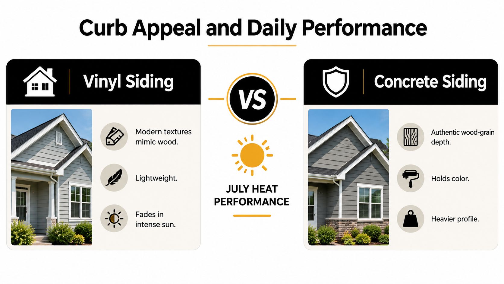 A comparison chart highlighting the differences in curb appeal and performance between vinyl and concrete home siding.