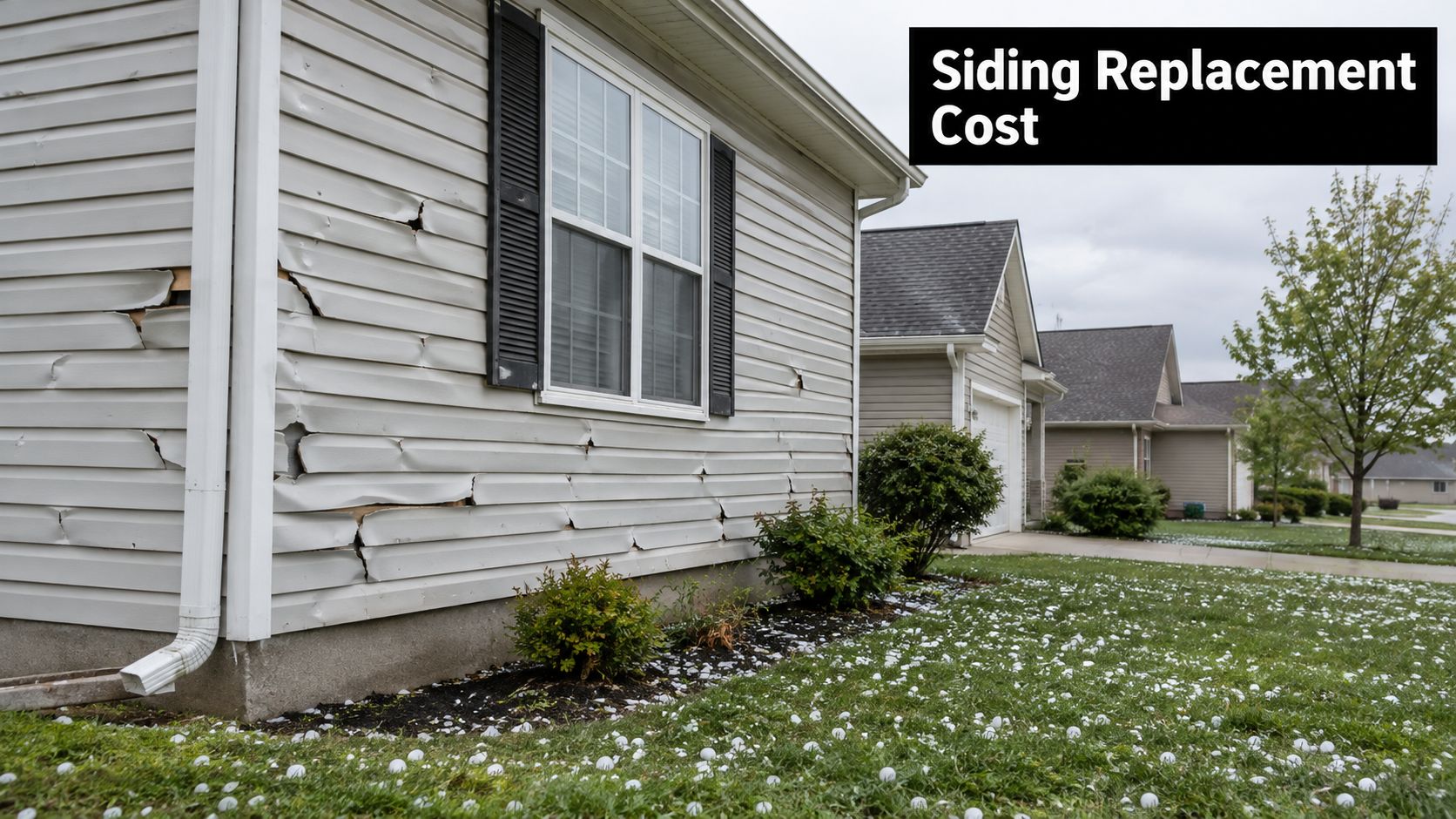 Damaged vinyl siding on a house exterior after a heavy hail storm with scattered hailstones on grass.