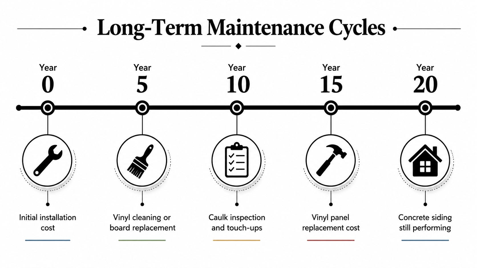 A timeline graphic illustrating long-term maintenance cycles comparing vinyl to concrete siding over twenty years.