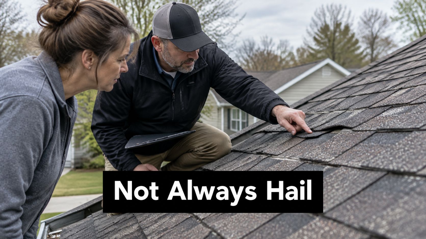 A professional roofing inspector points to damaged shingles on a residential roof while explaining roof damage.