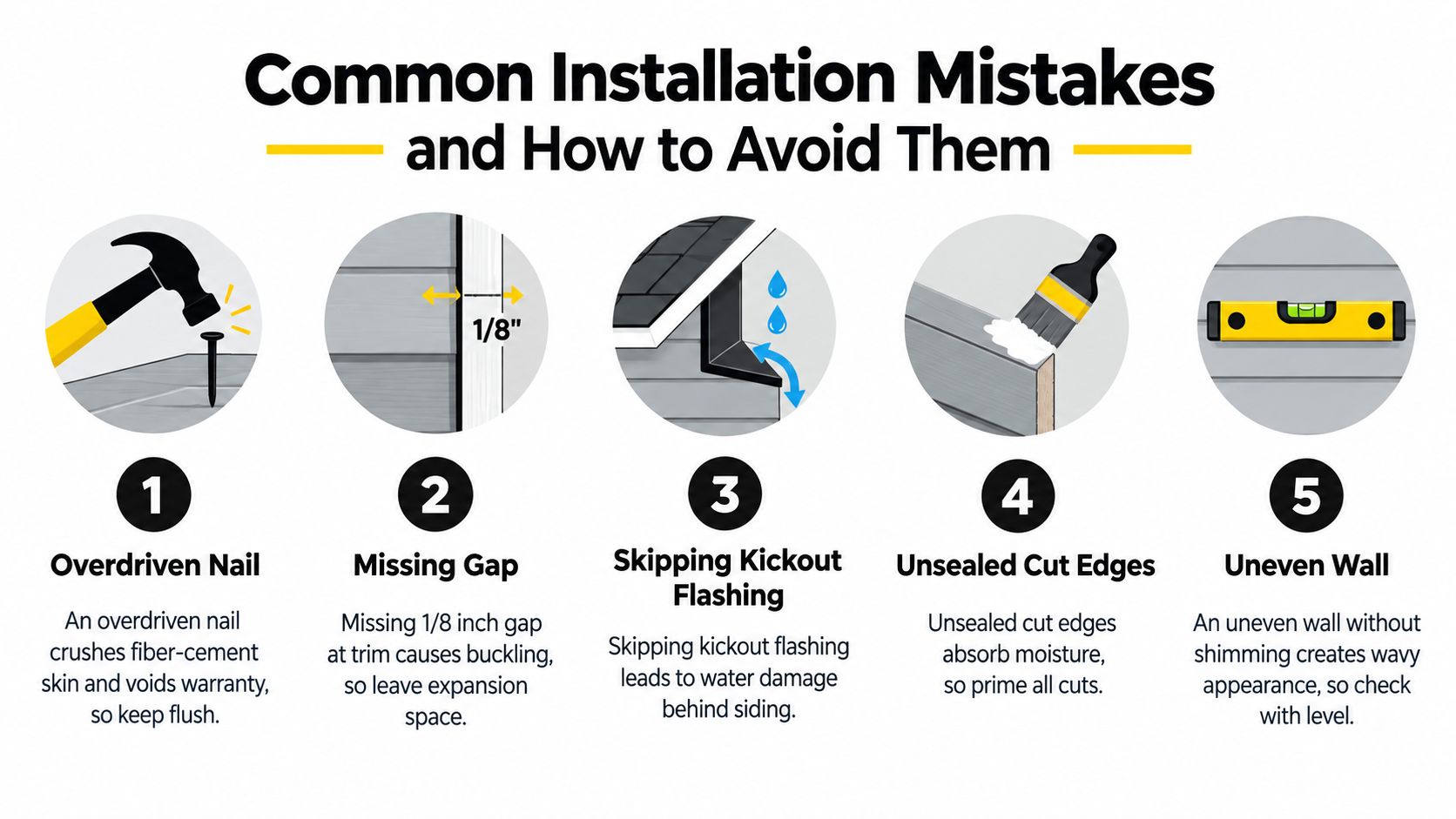 An infographic illustrating five common fiber cement siding installation mistakes and how to properly avoid them.