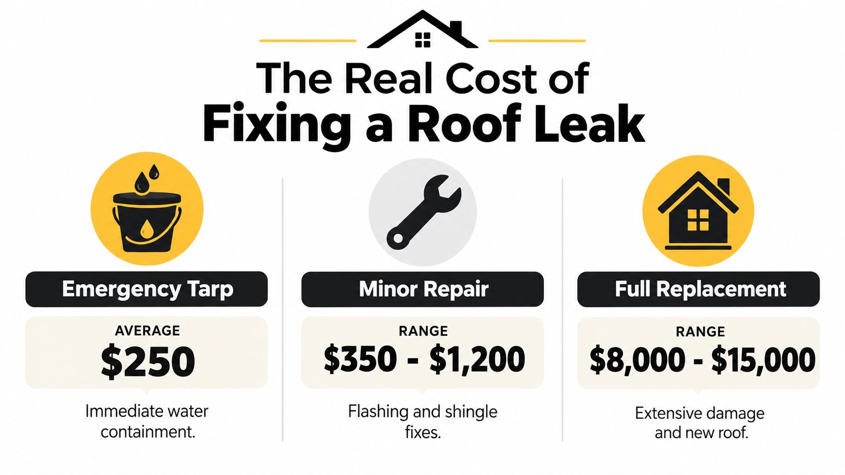 An infographic showing the estimated costs for fixing roof leaks ranging from emergency tarping to full replacement.