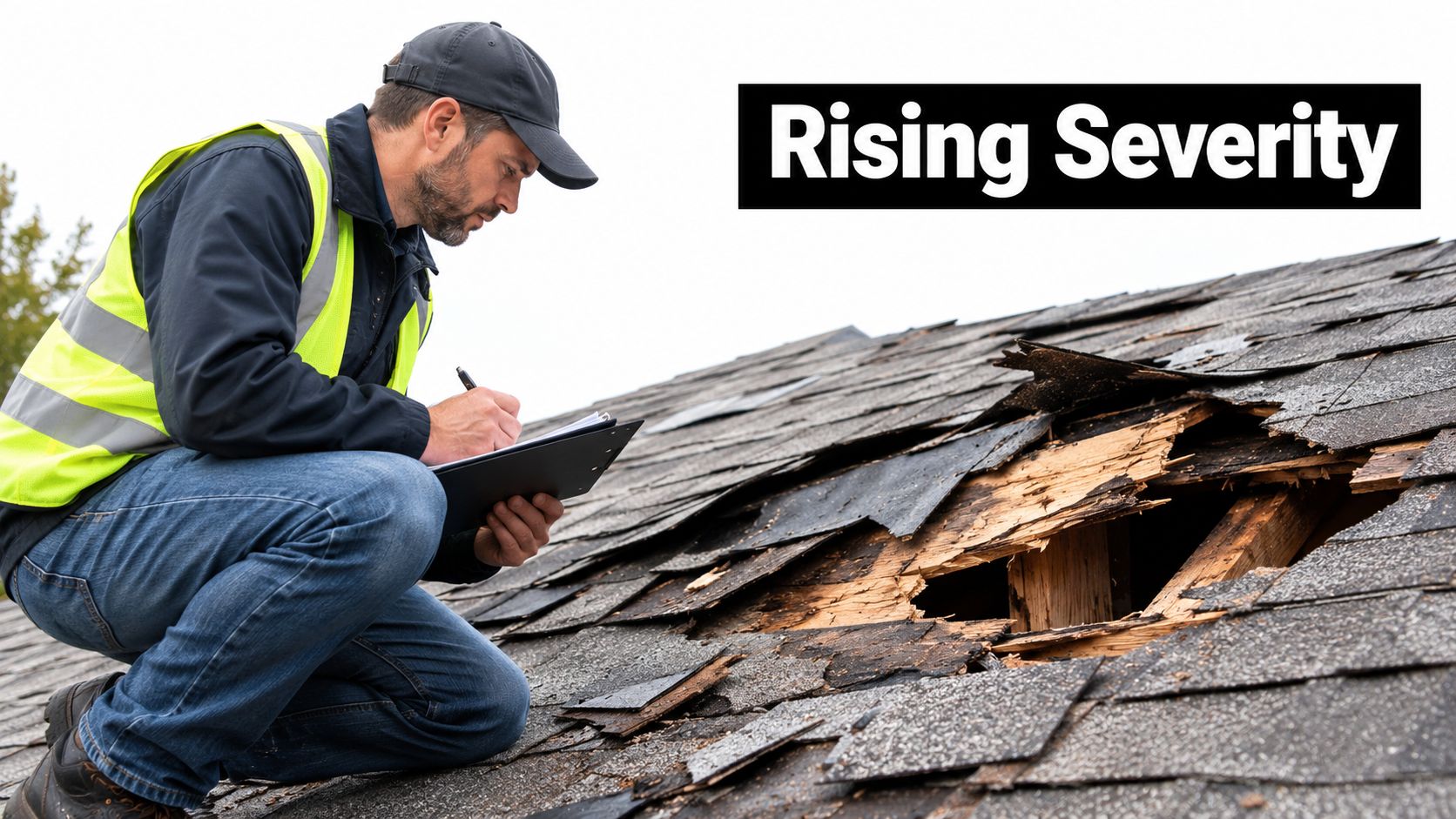 A professional insurance inspector kneels on a damaged residential roof to assess the extent of the destruction.