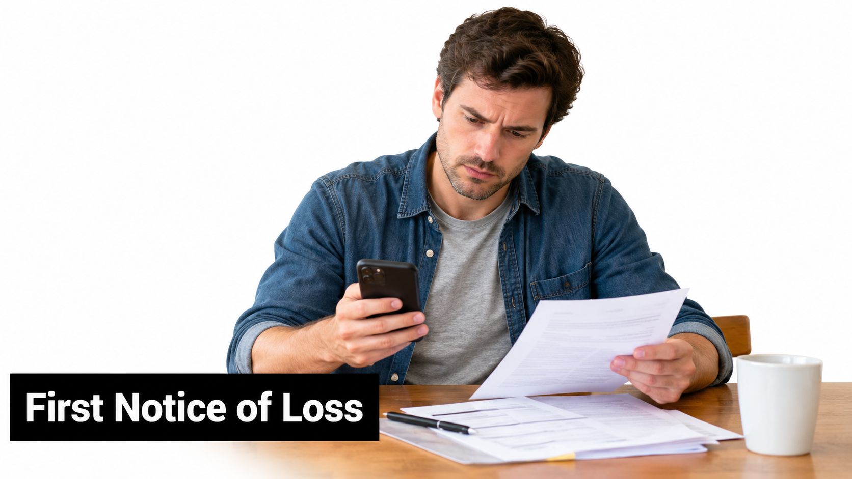 A concerned man sitting at a desk reviewing insurance documents while using his smartphone to file claims.