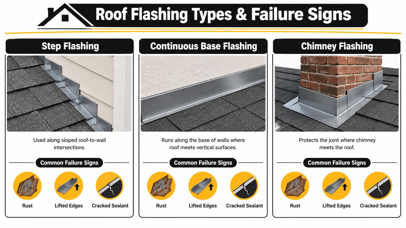 An infographic illustrating three types of roof flashing and common signs of damage like rust and cracks.