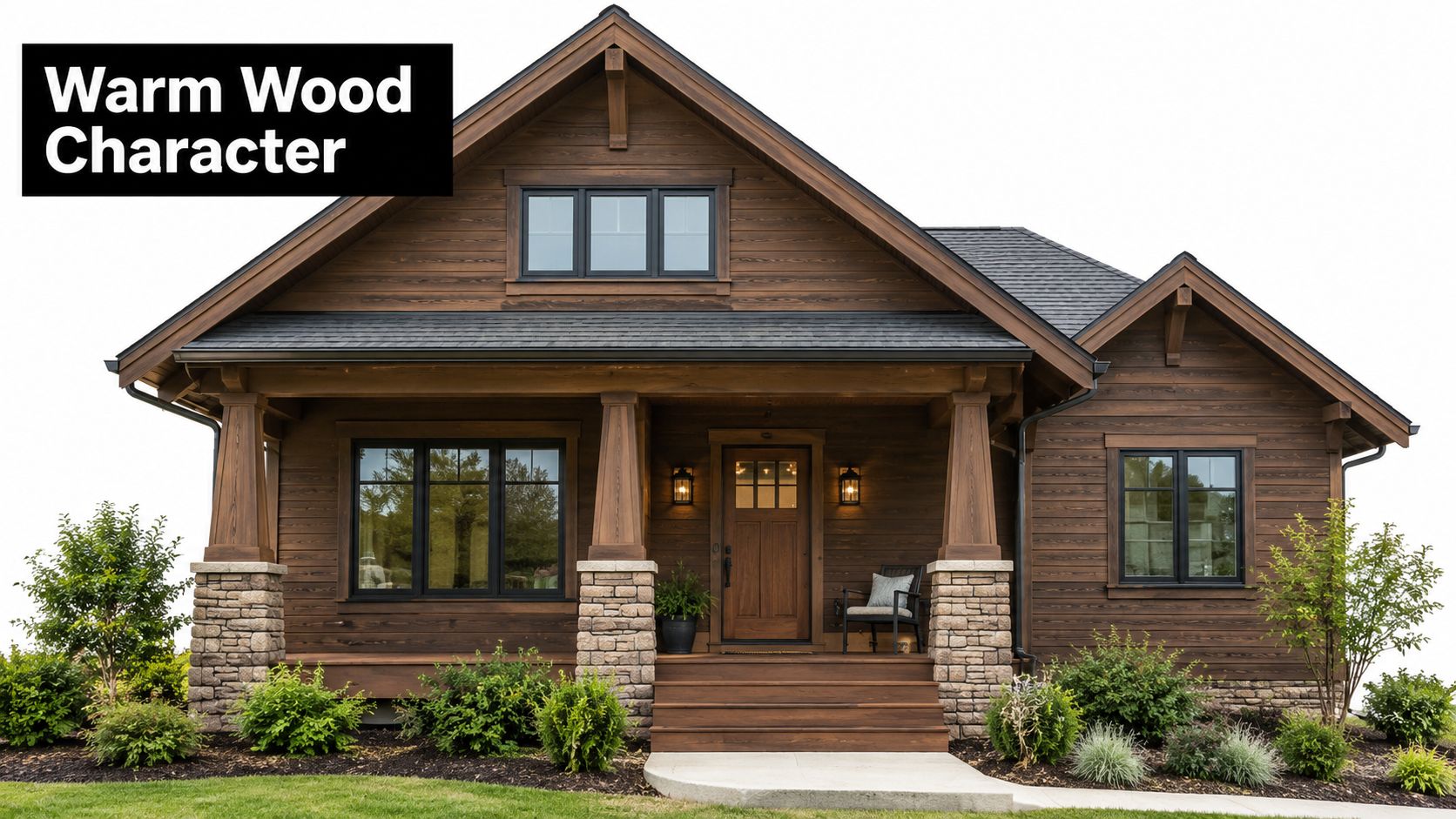 A modern one-story suburban house featuring dark brown wood siding, a stone porch, and black window frames.