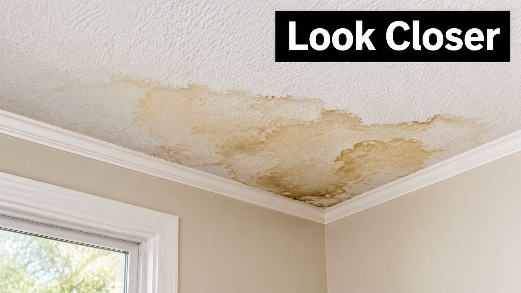 A large water stain on a residential room ceiling indicating a potential roof or plumbing leak issue.