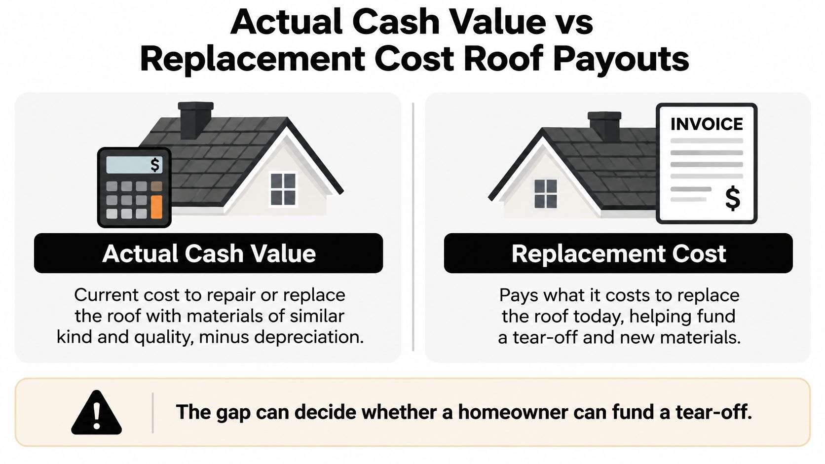A comparison chart showing the difference between Actual Cash Value and Replacement Cost for roof insurance claims.