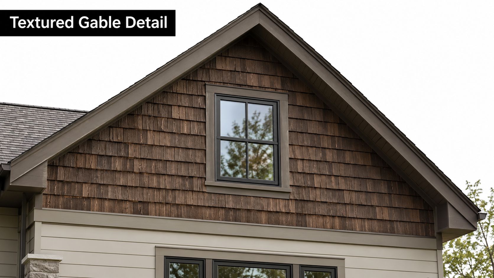 A close-up view of a house gable featuring dark brown wood shake siding and a window.
