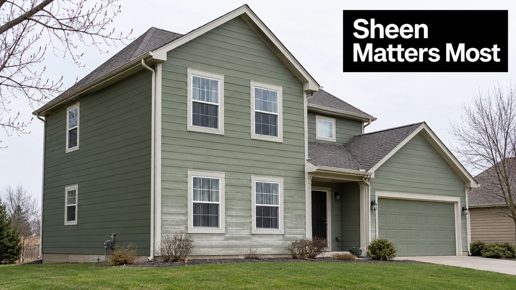 A two-story green residential house showing visible fading and uneven wear on its exterior siding panels.