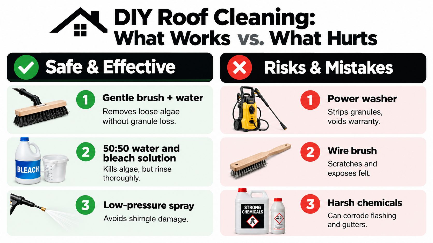 A comparison chart showing safe methods versus harmful mistakes for cleaning algae and mildew on shingles.