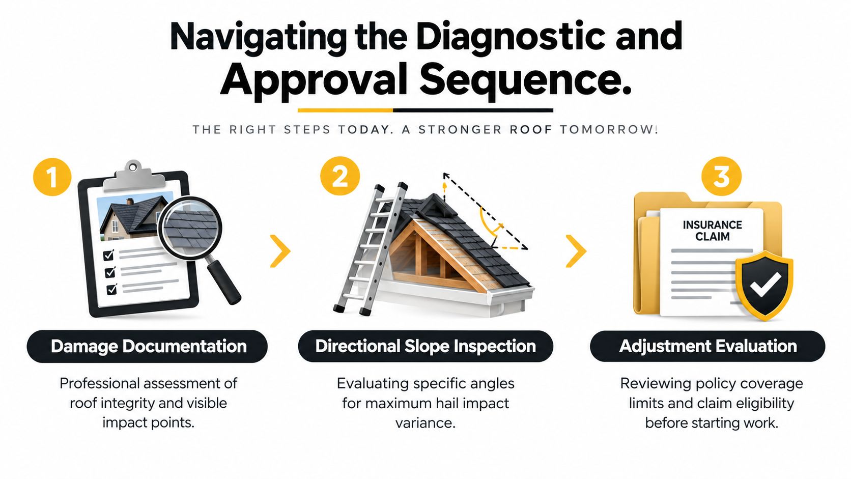 A three-step infographic showing the process of damage documentation, slope inspection, and insurance claim evaluation for roofs.