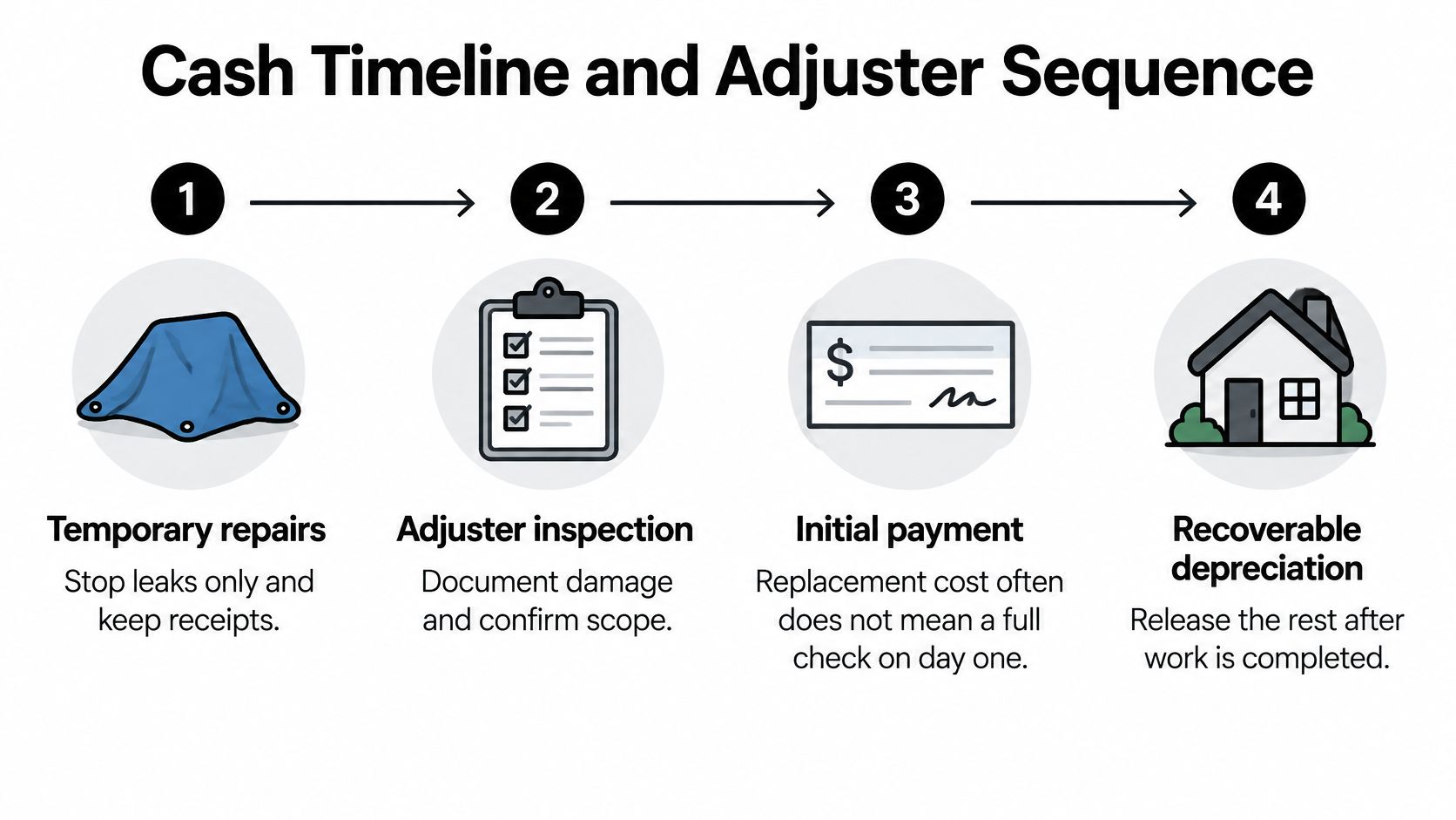 A four-step infographic illustrating the cash timeline and insurance adjuster sequence for property damage claims.