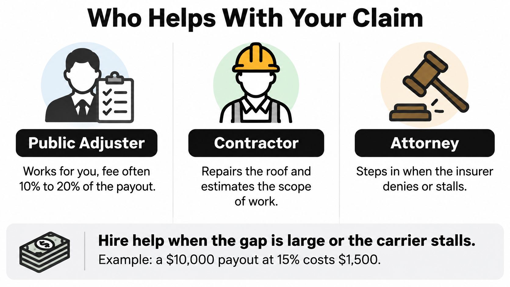 An infographic showing who helps with an insurance claim including public adjusters, contractors, and attorneys.