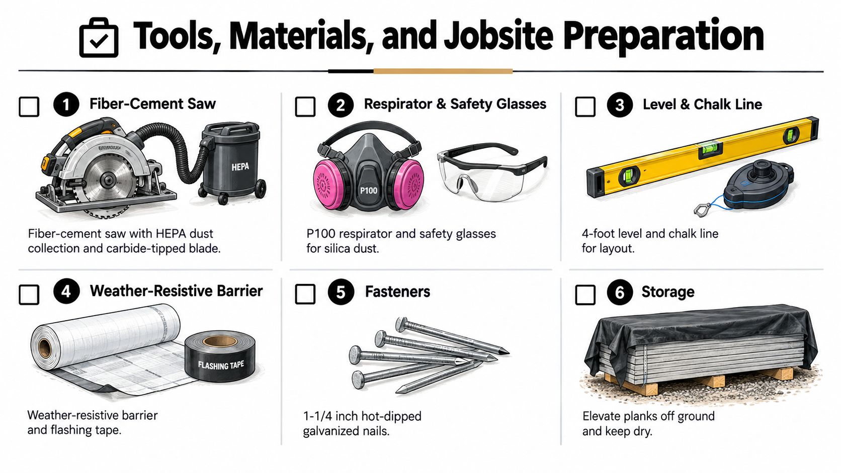 An illustrated guide detailing the essential tools, safety equipment, and materials needed for installing fiber-cement siding.