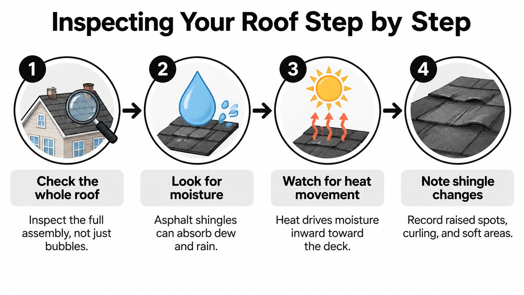 A four-step infographic illustrating how to properly inspect your home roof for blistered roof shingles.