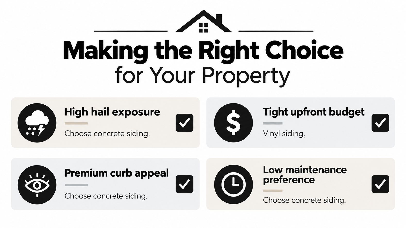 A comparison chart showing benefits of choosing concrete siding versus vinyl siding for residential property needs.