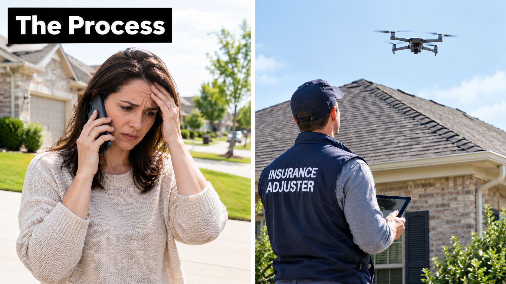 A distressed woman on her phone while an insurance adjuster inspects a roof using a drone.