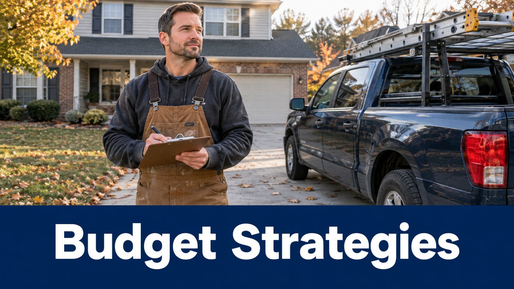 A professional contractor in overalls holding a clipboard, standing in front of a house and truck.
