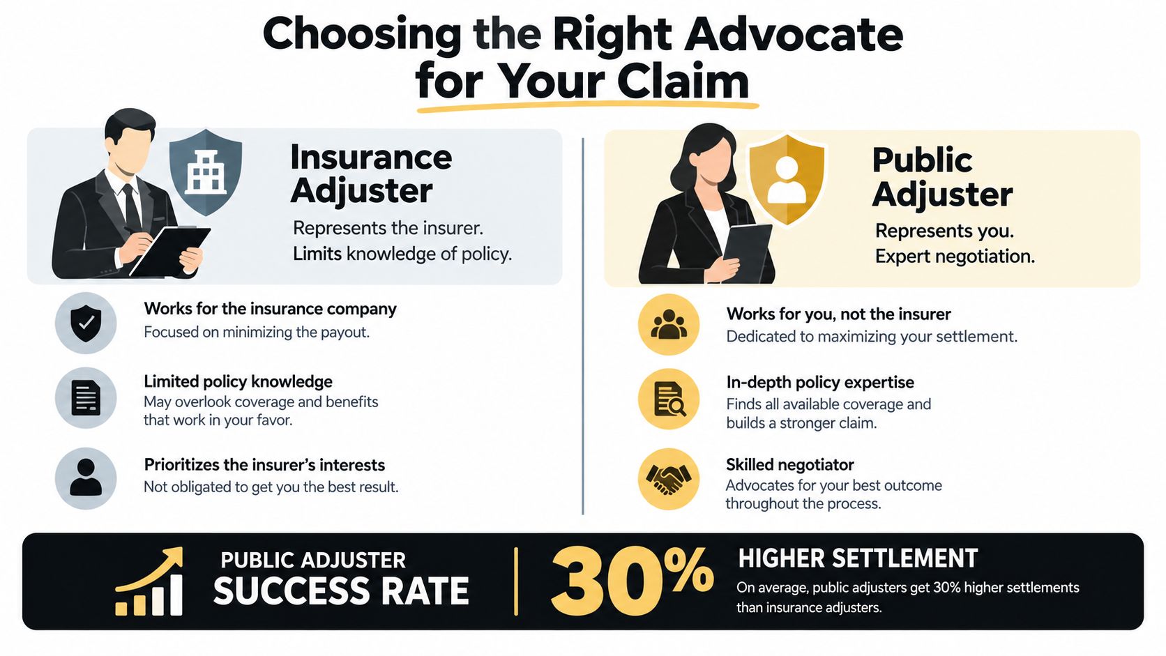 A comparison chart showing the differences between an insurance adjuster and a public adjuster for claims.