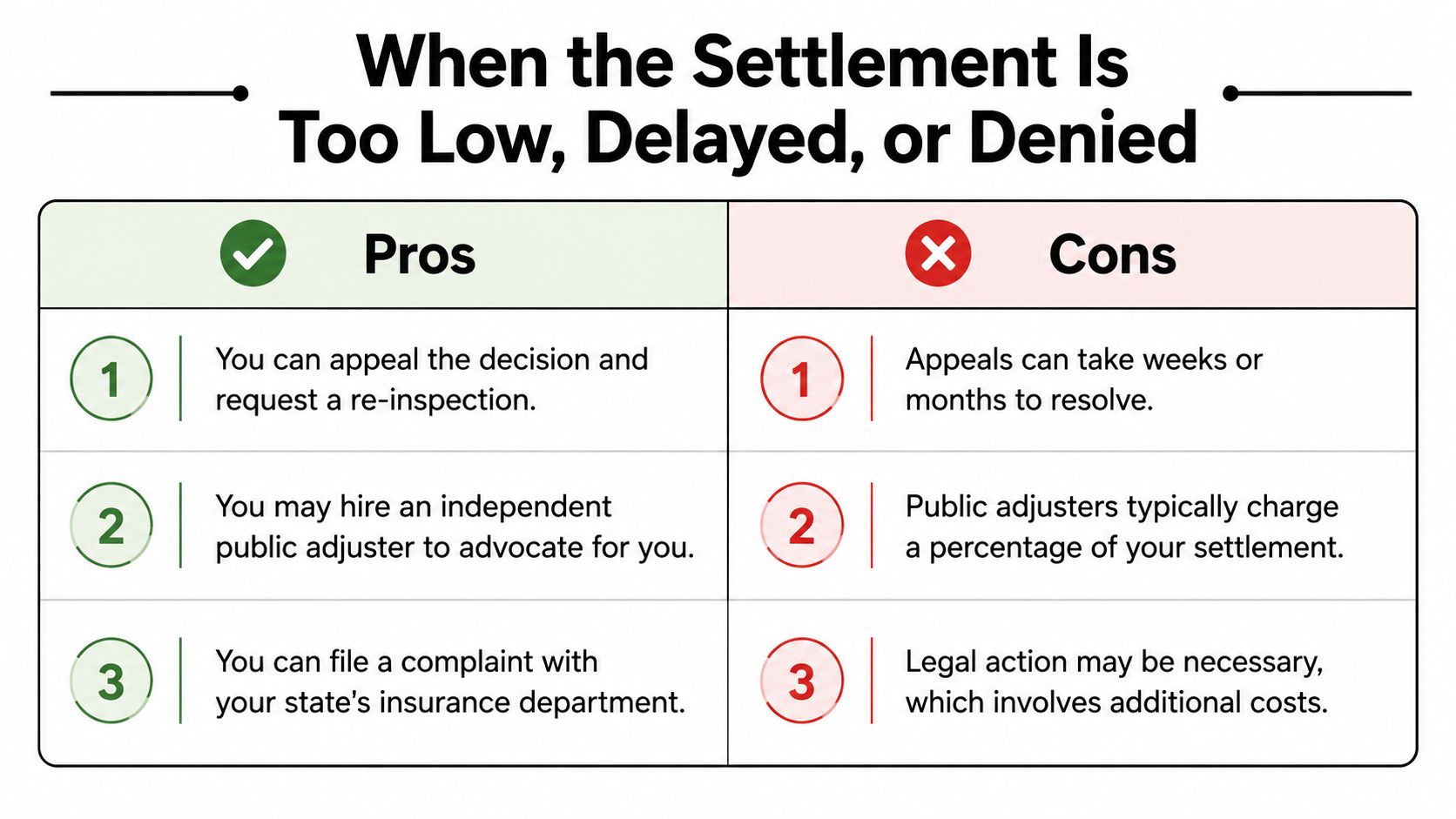 A comparison chart outlining the pros and cons of disputing a denied, delayed, or low insurance settlement.
