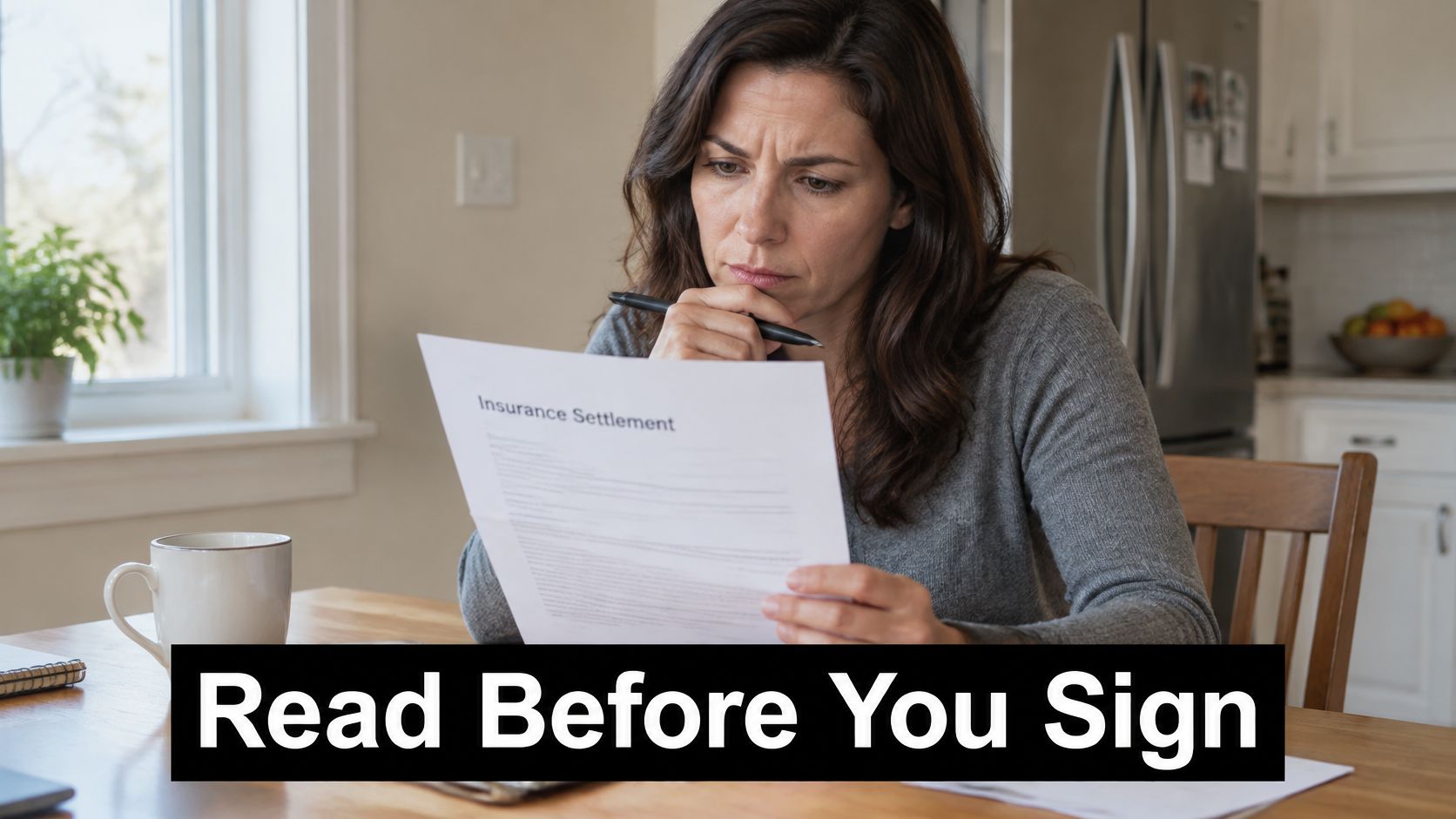 A concerned woman reviews an insurance settlement document before signing it at her kitchen table.