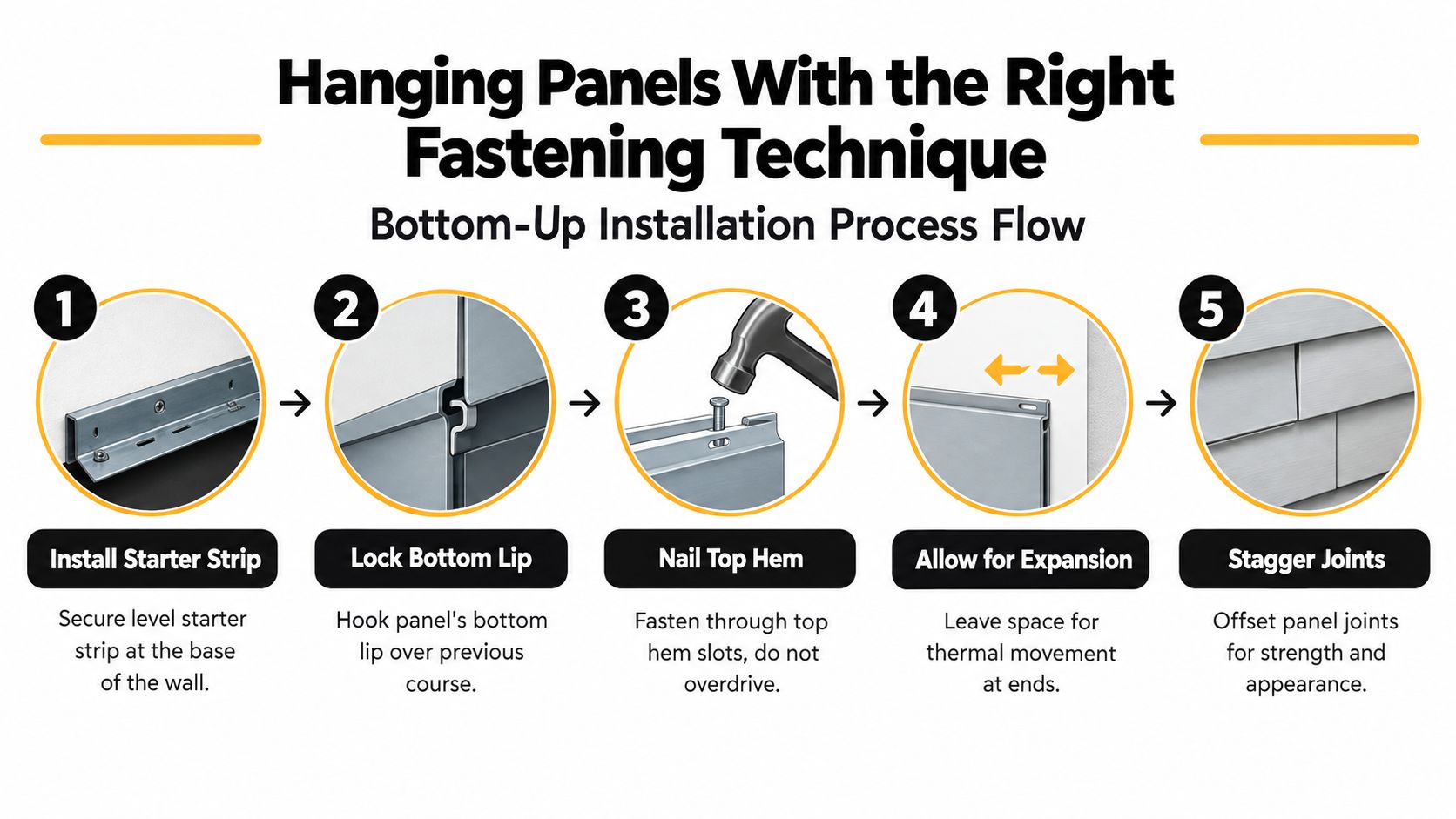 A step-by-step infographic illustrating the professional five-step installation process for exterior aluminum siding wall panels.