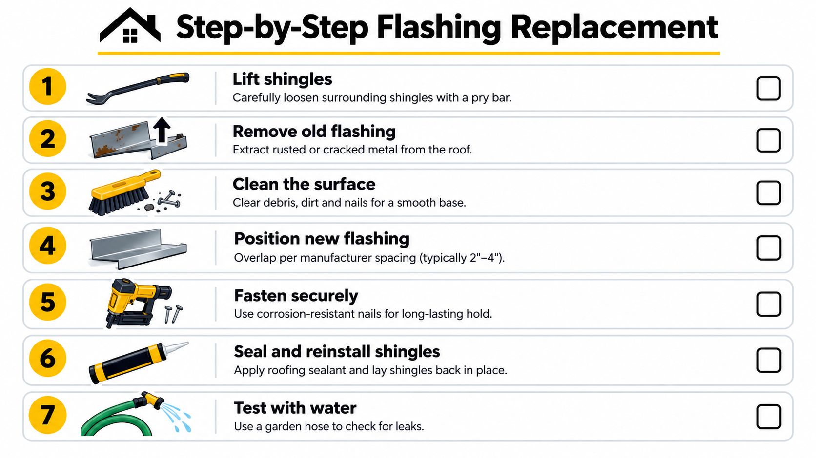 A step-by-step instructional infographic detailing the process for replacing roof flashing with seven numbered maintenance steps.