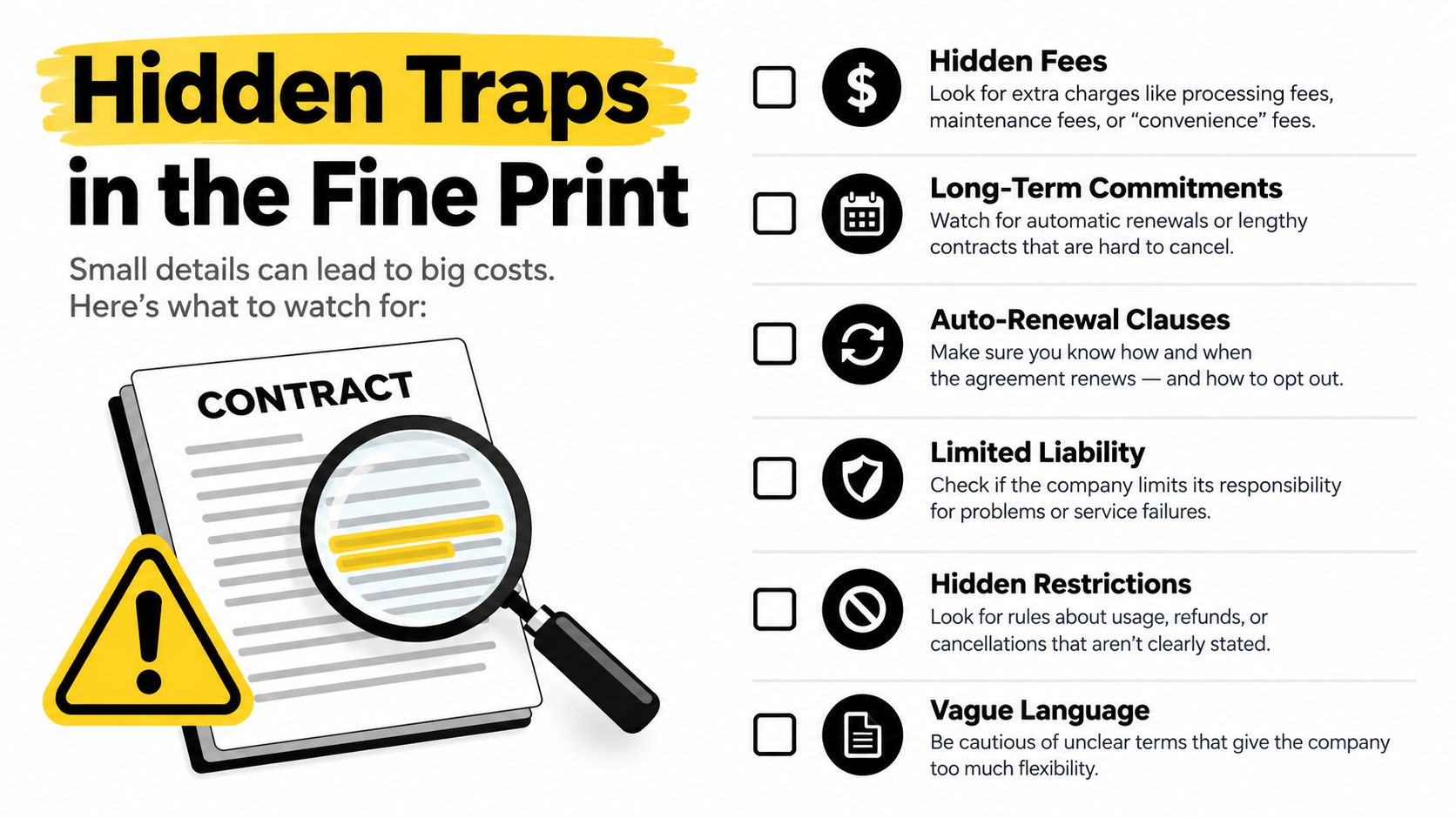 An infographic detailing common hidden traps in contracts, such as hidden fees, auto-renewals, and vague language.