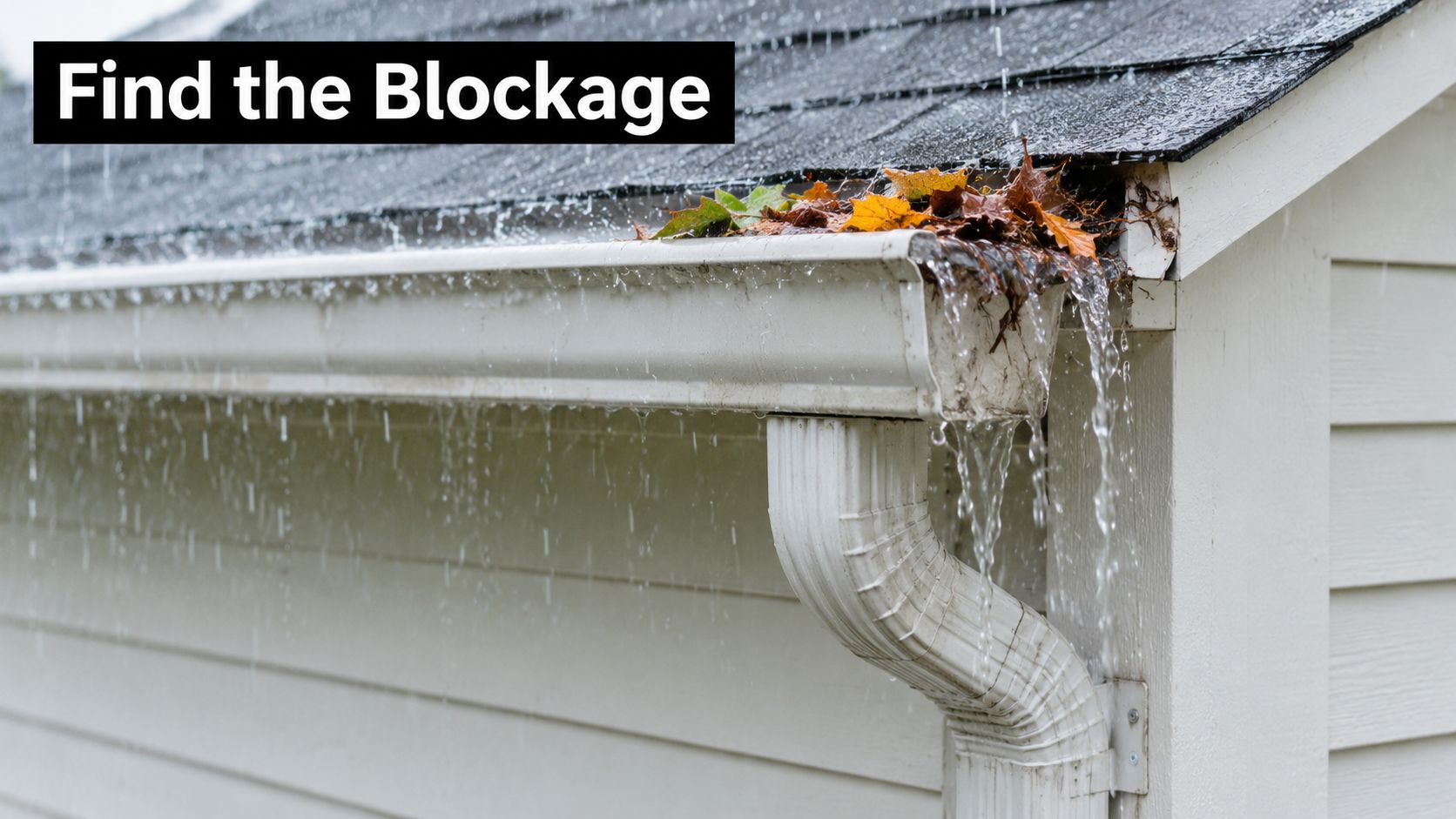 Rainwater overflowing from a house gutter clogged with fallen autumn leaves and debris during a storm.