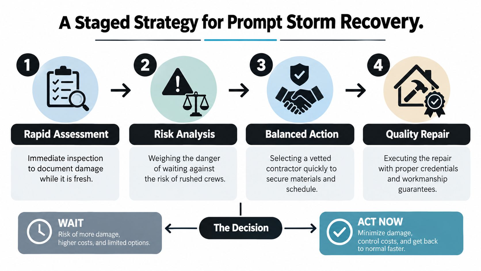 A flowchart infographic titled A Staged Strategy for Prompt Storm Recovery illustrating four steps to handle storm damage.