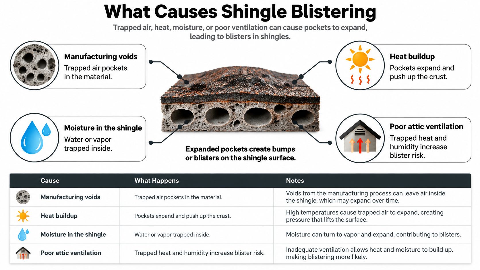 A diagram explaining the causes of shingle blistering including manufacturing voids, heat, moisture, and poor attic ventilation.