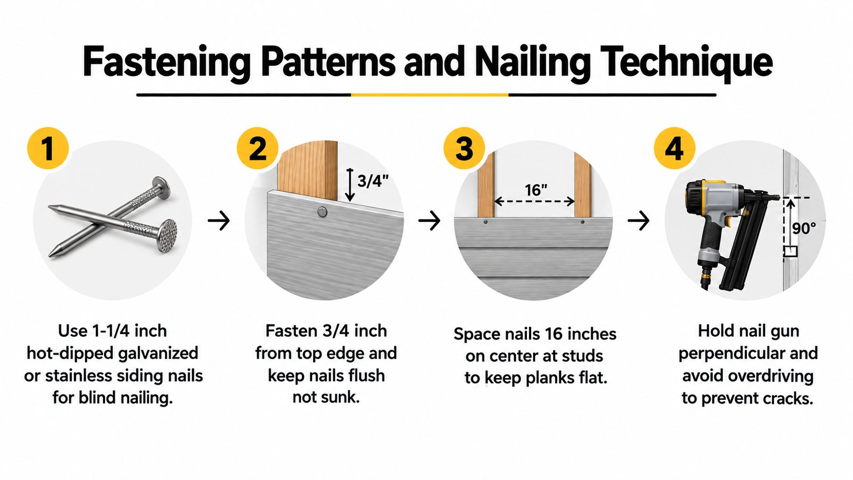 An instructional infographic detailing the correct fastening patterns and nailing techniques for installing Hardie siding boards.