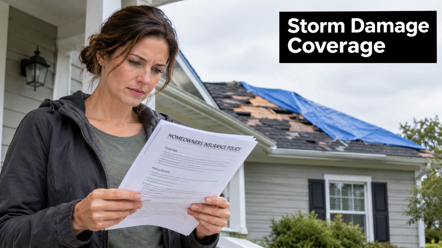 A concerned woman standing in front of her damaged house while reading an insurance policy document.