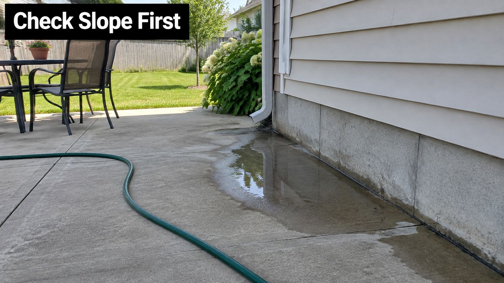 A puddle of water collecting against a concrete home foundation near a house downspout drainage pipe.