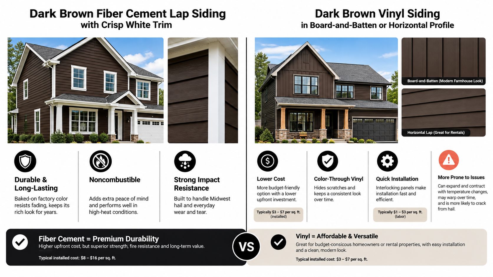 A closer look at how dark brown siding can meet a stone or brick base at the entry.