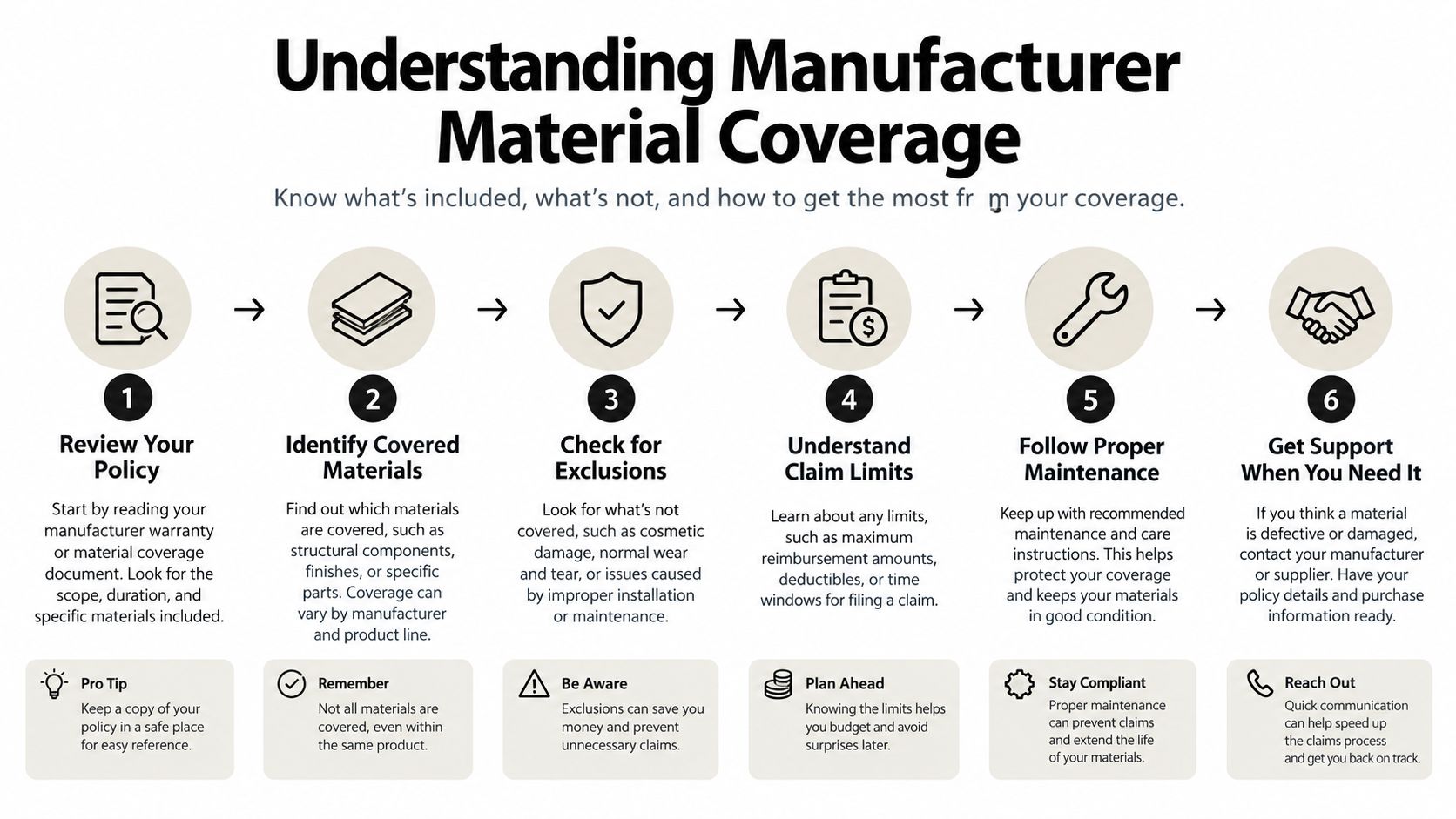 A six-step infographic guide on understanding manufacturer material coverage for warranties, products, and proper claims processes.